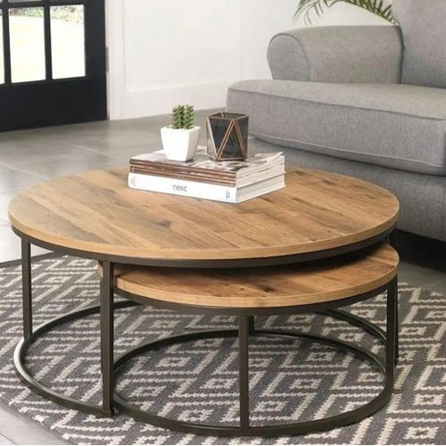 Steel Round Center Tables Set, Two Pieces, Wooden Top - Black Wooden