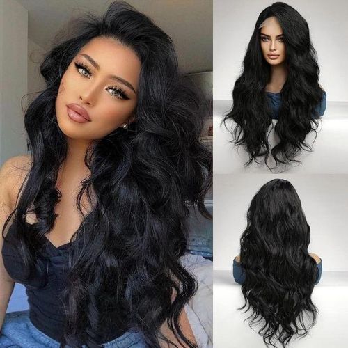 باروكة نسائية بلون أسود طبيعي، مصنوعة من ألياف ناعمة، طويلة مع تموجات تبدو طبيعية.