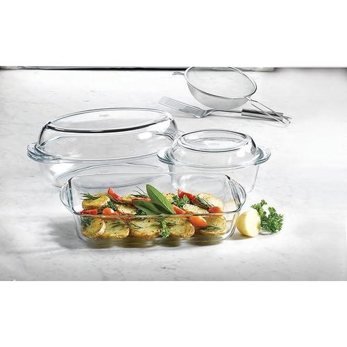 Casserole Set with Lid, 5 Pieces - ClearHeat-resistant glass tray set, 5 pieces, versatile for cooking and serving, transparent