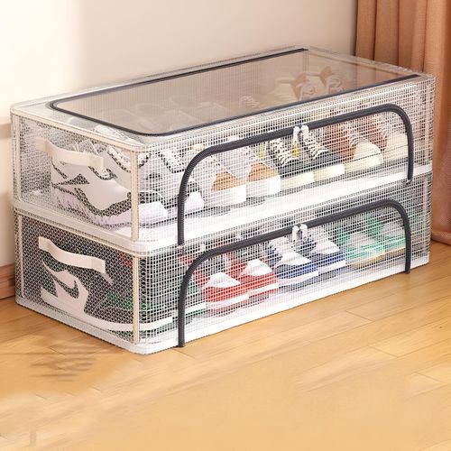 Clear Stackable Shoe Storage - Foldable Transparent Organiser Box for Wardrobe or Under Bed 60x30x21 cm Pack of 2 for Efficient Space Utilization
