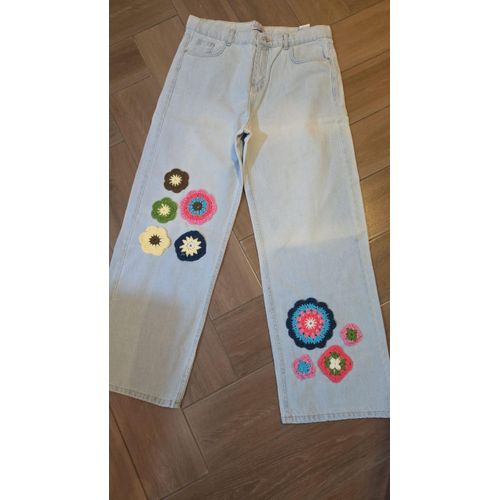 Premium Light-Wash Wide-Leg Denim Jeans with Handmade Crochet Details