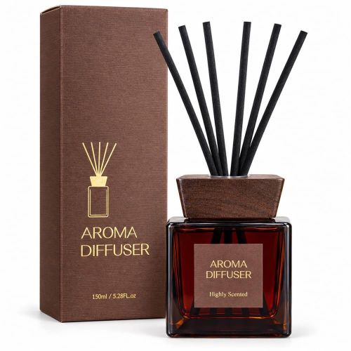 150ml aroma diffuser, rectangular glass bottle with wooden cap, fiber reed sticks, in a long gift box, room freshener