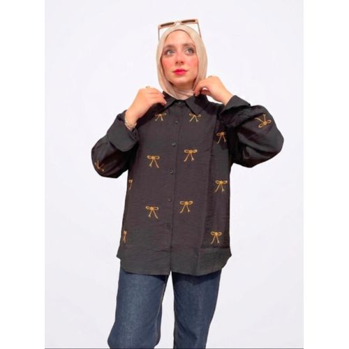 قميص حريمي كتان مستورد عالي الجودة - تطريز فيونكات رقيق - أسود