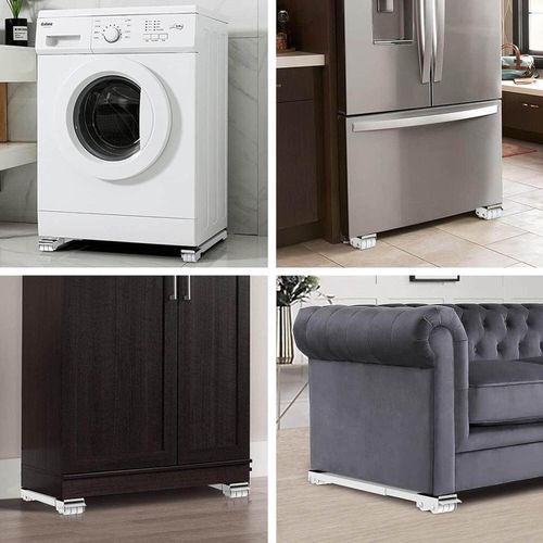 Portable and multi-functional base stand for washing machines, furniture, and more. Sturdy, adjustable, and foldable stand for any type of flooring.