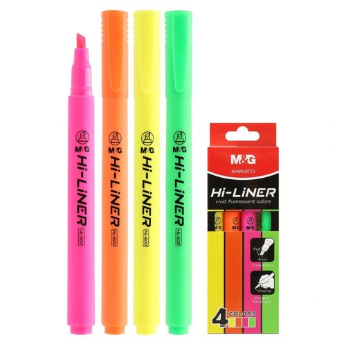 Chenguang Hi-Liner Fluorescent Highlighter Set – 4 Colors, Chisel Tip, Fine & Broad Lines – 1pcs - No: AHMU9773