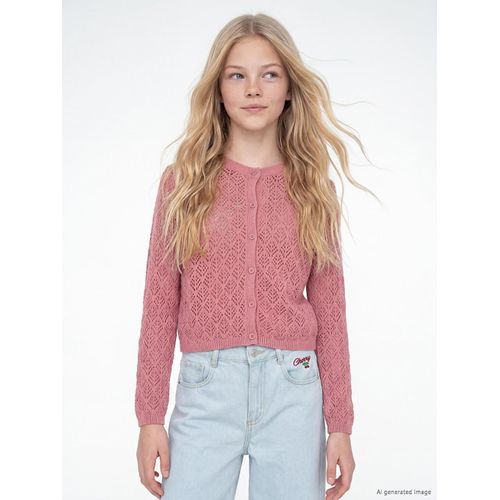 Crew Neck Hole-Knitted Girl's Knitwear Cardigan