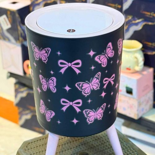 touch top plastic trash bin with butterfly print