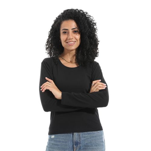 Long Sleeves Round Collar Basic T-Shirt - Black