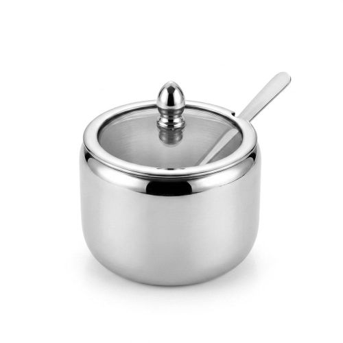 Stainless Steel Sugar Bowl with Glass Lid and Spoon, Serving Container