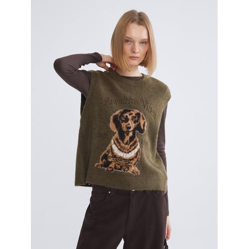 Crew Neck Dog Patterned Women's Knitwear Sweater Vest