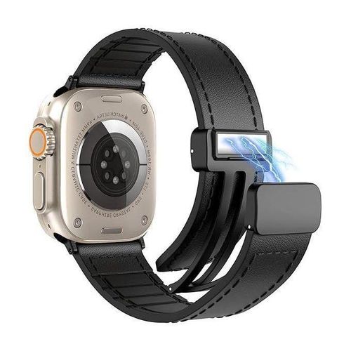 Magnetic Leather Band Compatible with Apple Watch Ultra/Ultra 2 49mm 45mm 44mm 42mm, Genuine Leather Magnetic Clasp Strap for iWatch Ultra SE 2 Series 8 7 6 5 4 3 2 1 for Men Women - Black
