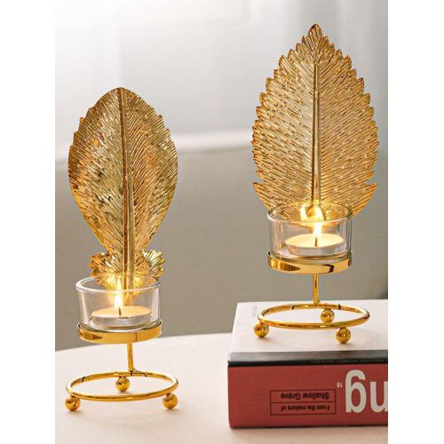 Luxury gold candlestick with leaf holder, 2-piece set, with glass candle holder