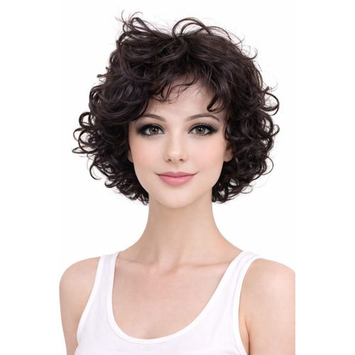 A short, curly wig for women made of thermal fiber in black