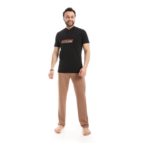Short Sleeve Solid Pattern Pajama Set - Black Brown