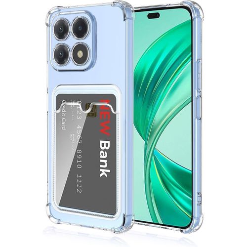 Transparent heat-resistant polyurethane case with card holder, shock-absorbing, and camera lens protection for Honor X7C mobile phone.