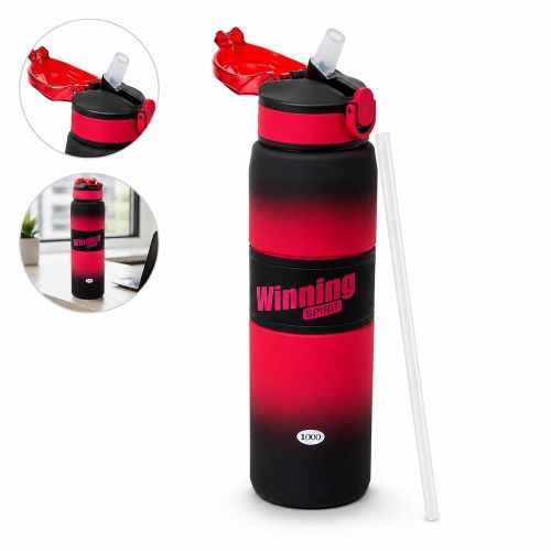 Sports Water Bottle with Flip Top Lid Built In Straw and Motivational Time Markers - Red - 1000 ml - 12-8