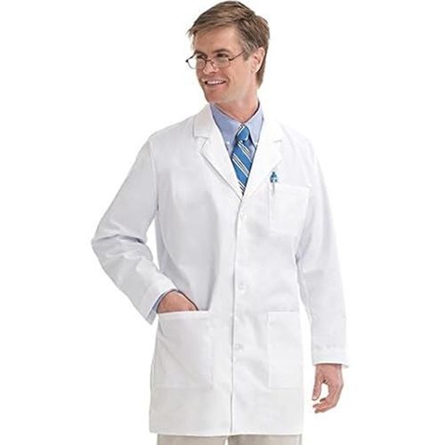 Men's Gabardine Lab Coat with Notched Lapel Collar and Pockets - White