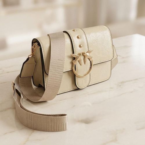Women's Crossbody Flap Bag With Gold Buckle (Beige)