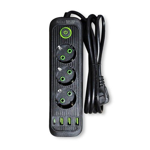 Safety Electric Power Outlets Sockets 1084U , Multi Power Strip Surge Protector With 3 Outlets 2500W , Fast Charging Power Plug Extension Socket with 2 USB Port and 1 Type-C - Black