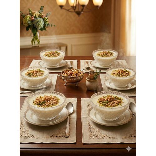 Six glass dishes for serving rice pudding, muhallebi, nuts, and snacks.