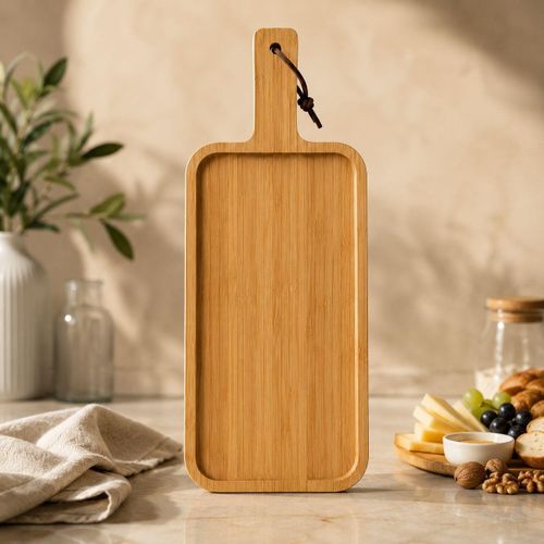 Rectangular Bamboo Serving Tray with Handle – Wooden Bamboo Serving Tray for Kitchen and Hospitality – Available in Two Sizes