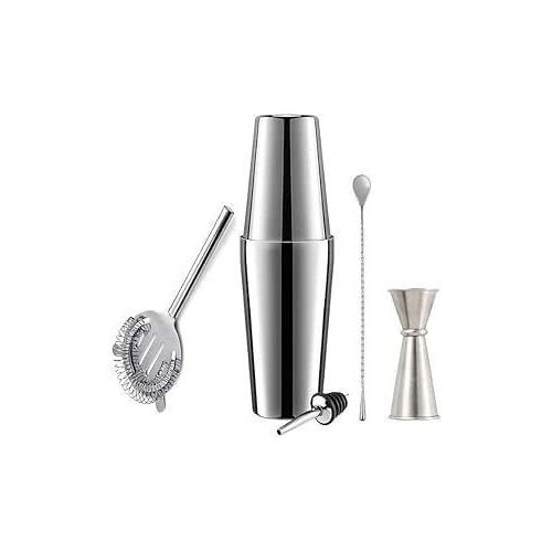 Cocktail Shaker Martini Drink Shaker Boston Shaker Bar Set Cocktail Strainer Bar Tools Bartender Kit Stainless Steel Double Measuring Jigger Mixing Spoon 6 Pcs Set