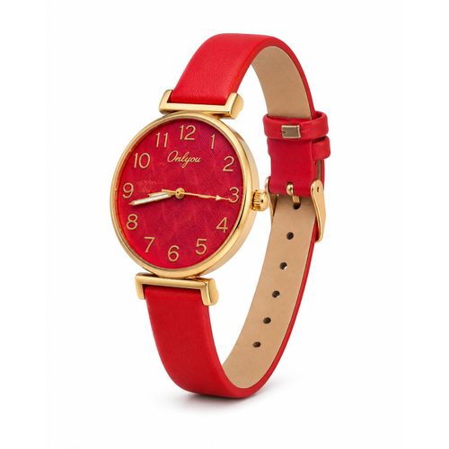 Women’s Red Wristwatch with Leather Strap, Patterned Dial and Elegant Gold-Tone Case
