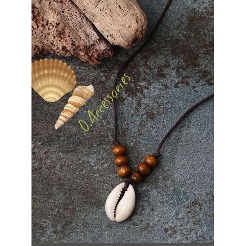 Necklace unisex black thread,shell, wooden beads