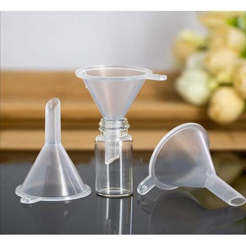 Small plastic funnel, 3 cm diameter, for filling samples of perfumes, oils, cosmetics, or for use in food labs, transferring liquids, and chemical experiments - transparent - 2 pieces