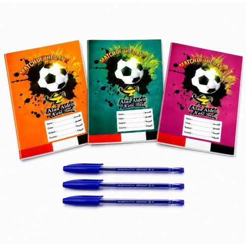 School Stationery Bundle – 1 Ruled Notebook + 1 English Ruled Notebook + 1 Squared Notebook + 3 Blue Ballpoint Pens