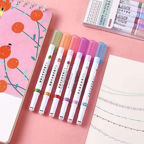 6PCS Curve Highlighter Pen Set – Unique Roller Tip Markers with 6 Decorative Shapes (Hearts, Flowers, Stars, Wavy & Dashed Lines) – Quick-Drying Non-Toxic Ink – DIY Journaling, Scrapbooking & Study Note Gift (Shape & Color May Vary)
