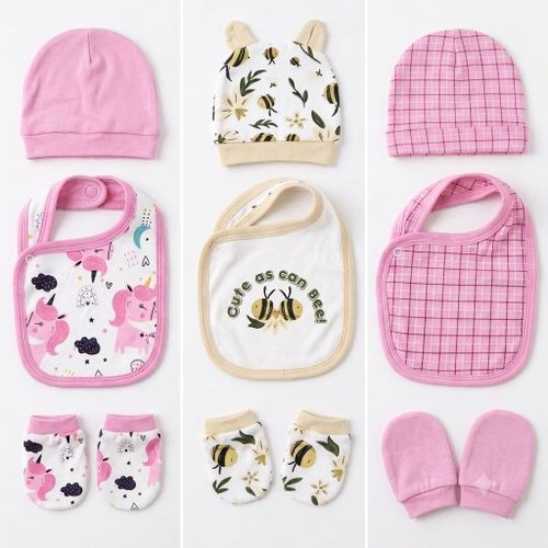 Newborn 3-Piece Accessory Set (Bib, Hat, Mittens) - 100% Cotton - Assorted Prints
