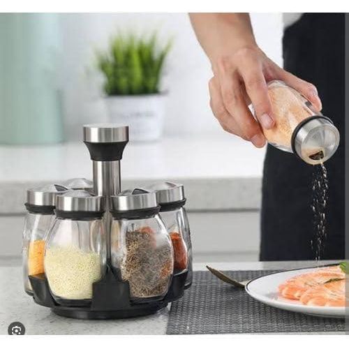 Rotating spice and seasoning holder, 6 glass jars with stainless steel lids, 360-degree rotating kitchen organizer