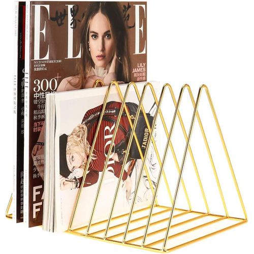 File Organizer, Bookshelf Magazine Rack, Triangle Iron Book Rack, 9 Slots Book Stand, Book Display for Office Home School (Vintage Gold)