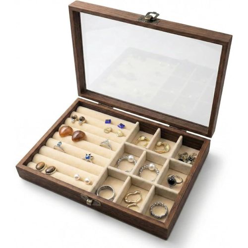 Wooden Jewelry Box HD Glass Lid Velvet Lining Storage Case for Rings and Earrings