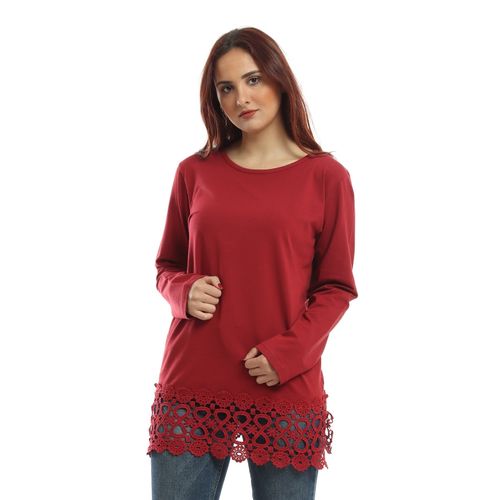 Comfy T-shirt With Wide Lace- Dark Red - (74)