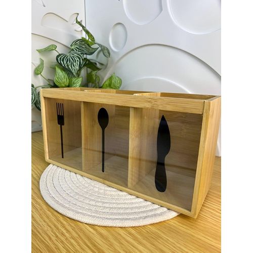 Tableware Container - Large Elegant Wooden and Acrylic Multi-Compartment Utensil Holder, Water-Proof Bamboo Material, Chic Table Decor for Special Dinners and Events, Practical and Stylish