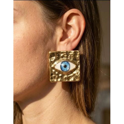 Blue Evil Eye Square Stud Earrings Gold Plated - Gold