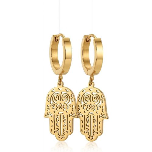 Stainless Steel Gold Hamsa Hand Filigree Drop Earrings