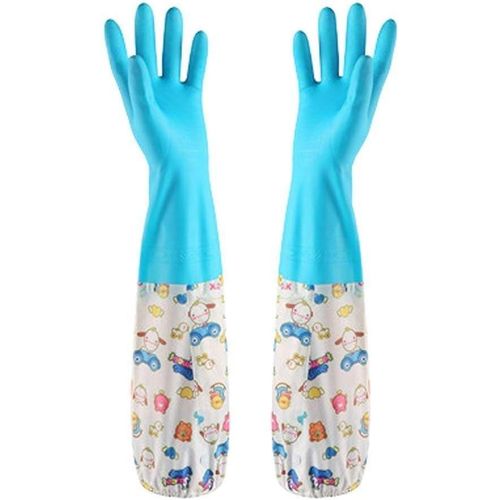 Housework Cleaning Latex Rubber Gloves Bundle Cuff Winter Velvet Lining Dishwashing Long Waterproof Insulated Kitchen (Blue Cartoon) (Assorted Colors) L
