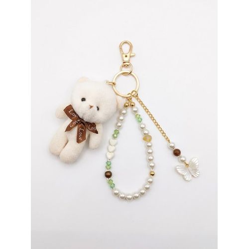 Teddy Bear & Pearl Bag Charm Keychain with Butterfly Pendant