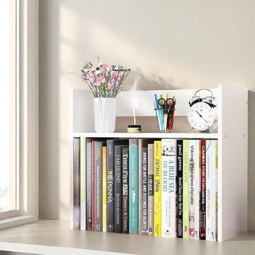 Desktop Wooden Bookshelf Organiser with Top Storage Shelf, 2-Tier Design Bookcase A205 (White)