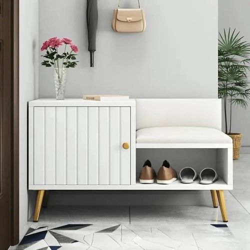 Modern Entryway Storage Bench with Shoe Cabinet, White, Wood, Mid-Century Legs, Cushioned Seat, Indoor Furniture for Hallway