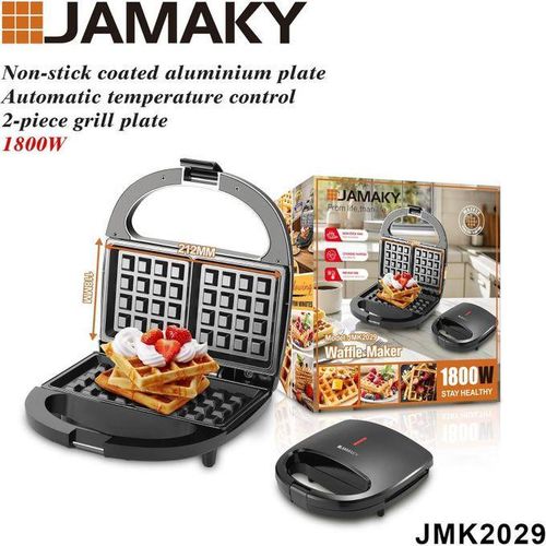 Waffle Maker, 1800W, Non-stick Aluminium Plates, Automatic Temperature Control, 2 Grill Plates, Black JMK2029