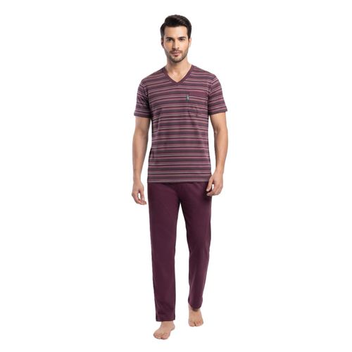 Men Summer Pyjama Set Striper Top & Plain Bottom Burgundy