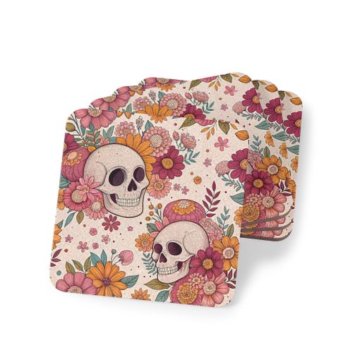 Four Pieces Pastel Goth Drink Coasters with Skulls and Flowers Wooden Coasters – Elegant, Heat-Resistant & Waterproof Drink Wooden Coasters, Coaster-183