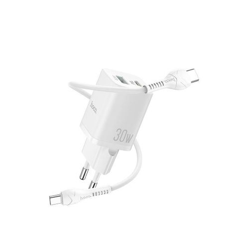 Hoco N13 - Bright Dual Ports Fast Charger, Set With Type-C To Type-C Cable (3A - 30W - 1M), Support PD30W, QC3.0/2.0, FCP,SCP, AFC, Compatible with iPhone Samsung Xiaomi Oppo Huawei - White