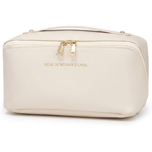 Large Capacity Leather Makeup Bag Flat Open Wide Handle