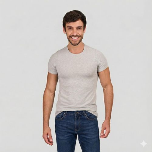 Dice Men's Basic Crew Neck T-Shirt, Slim Fit, Short Sleeve, Cotton Lycra - Grey