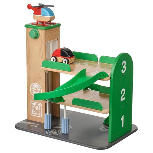 Garage with car and helicopter LILLABO green wooden toy garage with red car, blue cylinder, and helicopter, featuring ramps and numbered levels.